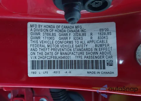 2020 Honda Civic Lx из США, поврежденный, VIN 2HGFC2F69LH546001